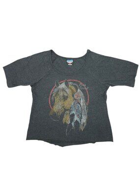 Junk Food Clothing Free Spirit Graphic Tee Size L Horse Gray Western Raw Hem